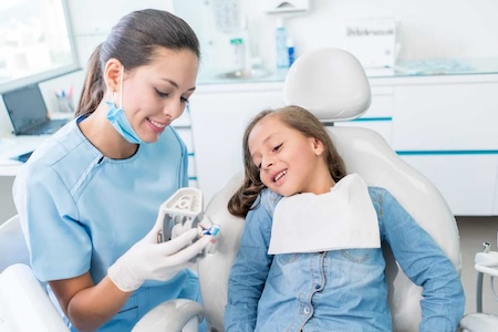 A dentist showing a plastic dental model to an adorable little girl.