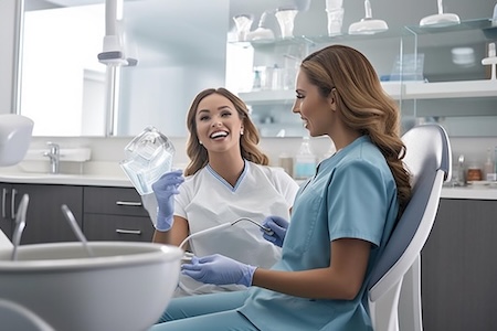 A female dentist is consulting with her patient at her best dental clinic.