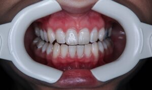 Dental examination with cheek retractors visible