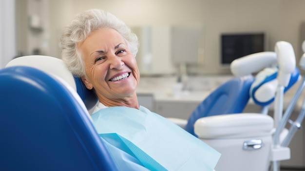 Smiling elderly patient sitting comfortably in a dental chair at a dental clinic, discussing All on 4 dental implants cost and treatment options during a free consultation.